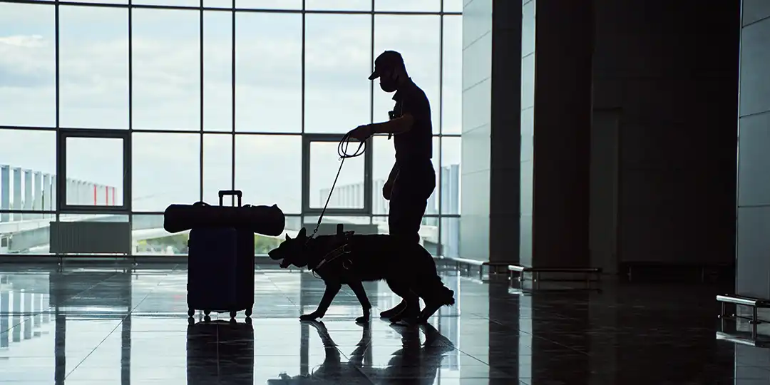 puff_skydd_1080x540 En hundförare låter en tjänstehund undersöka ett bagage i en terminal.
