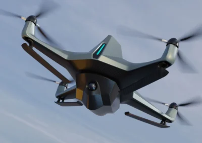 A drone with a camera flying above the drone area at the National Defence Expo.