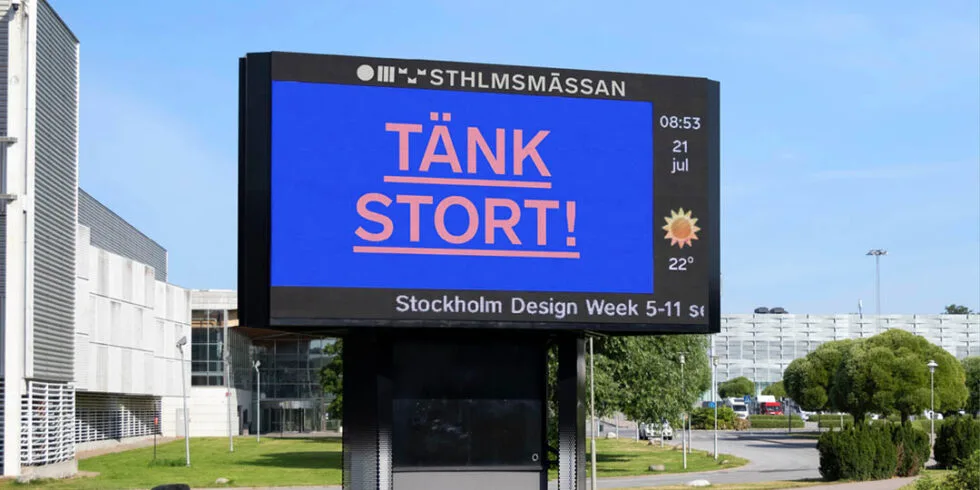 Outdoor digital screen at the entrance to Stockholmsmässan used for advertising and brand exposure, clearly visible to passing traffic.