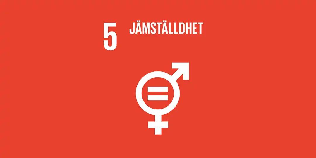 globala-malen-nr-5 Globalt mål nummer 5: Jämställdhet, med vit jämställdhetssymbol på röd bakgrund.