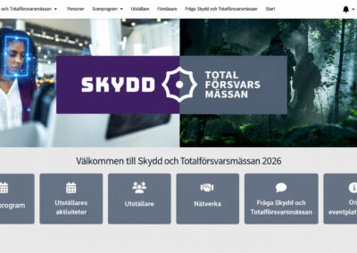 Startsidan i eventplattformen för SKYDD och Totalförsvarsmässan 2026, med genvägar till scenprogram, utställaraktiviteter, utställare, nätverkande och praktisk information.