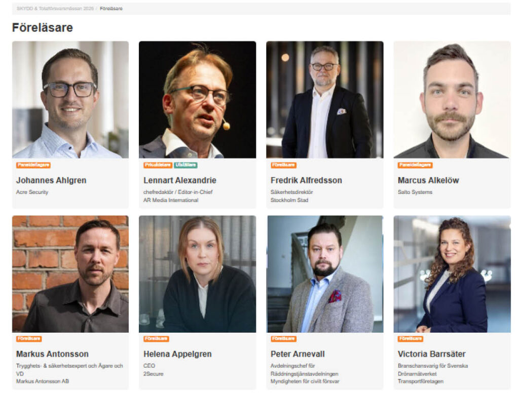 Skärmbild från SKYDD och Totalförsvarsmässans eventplattform som visar en översikt över föreläsare med porträtt, namn, titel och organisation.