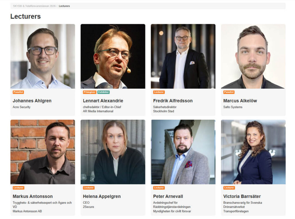 Screenshot of the SKYDD and National Defence Expo 2026 event platform showing a gallery of lecturers and panellists with profile photos, names, roles and organisations.