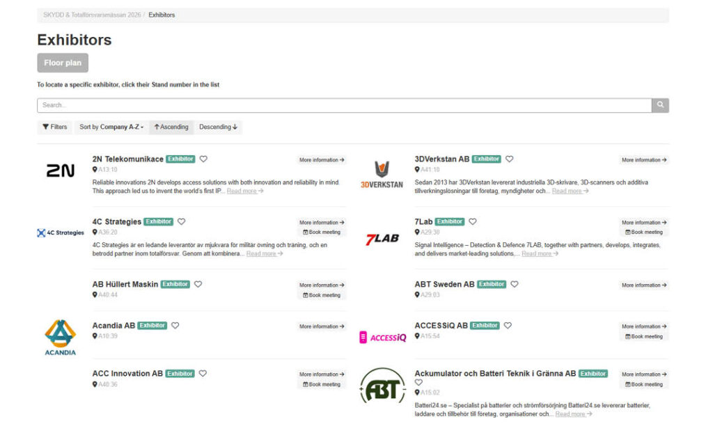 Screenshot of the SKYDD and National Defence Expo 2026 event platform showing a searchable exhibitor list with company names, stand numbers, exhibitor information and options to book meetings.